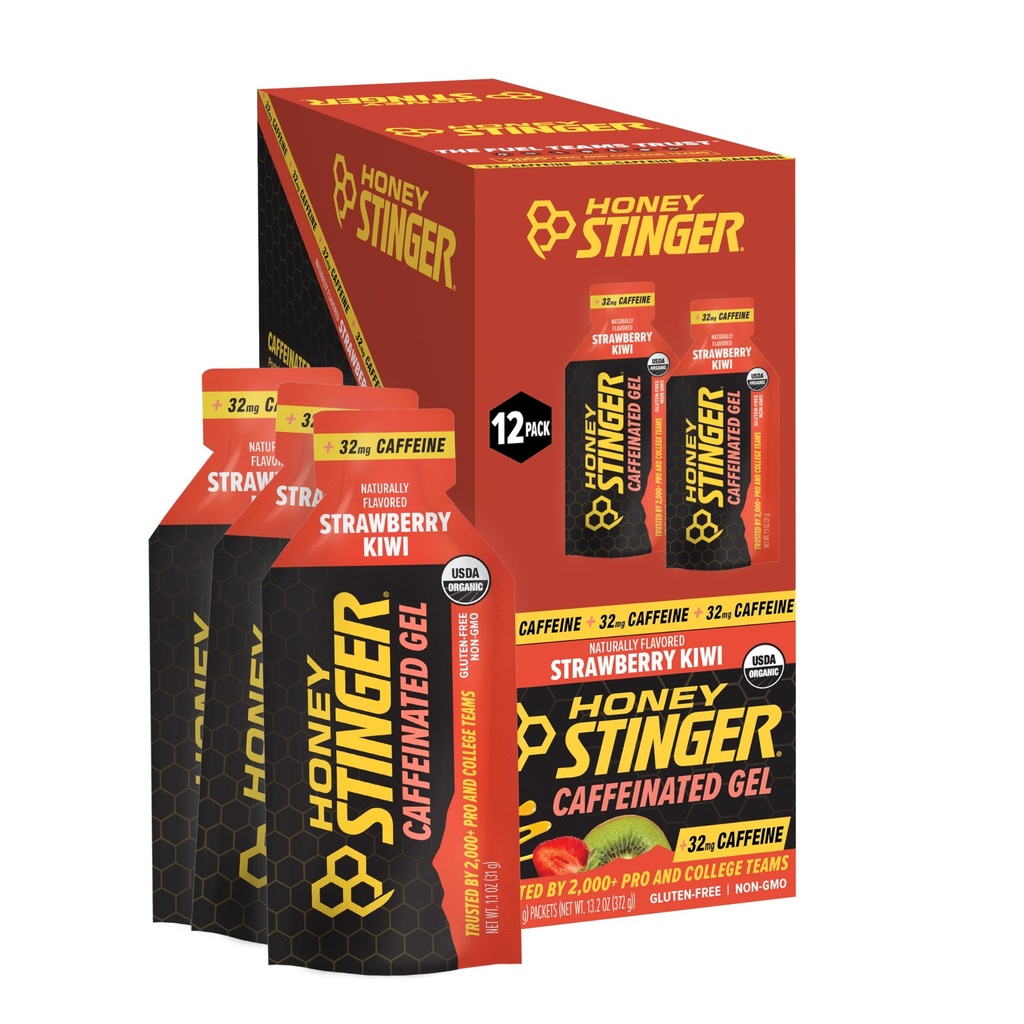 Honey Stinger Organic Strawberry Kiwi energiageel, kofeiinivaba ja gluteenivaba, kasutamiseks, jooksmiseks ja jõudluseks, spordi toitumine kodus ja jõusaalis, Pre ja keskmine treening, 12 Pack, 13,2 Ounce