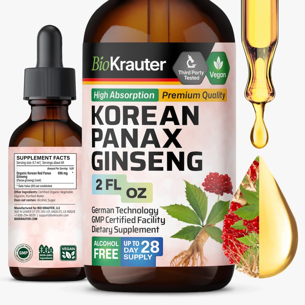 BIO KRAUTER Panax ženšenni ekstrakt Vedelik - Korea punane ženšennilisa Alkoholivaba - immuuntoetus - Vegan, suhkruvaba - 2 Fl.Oz.