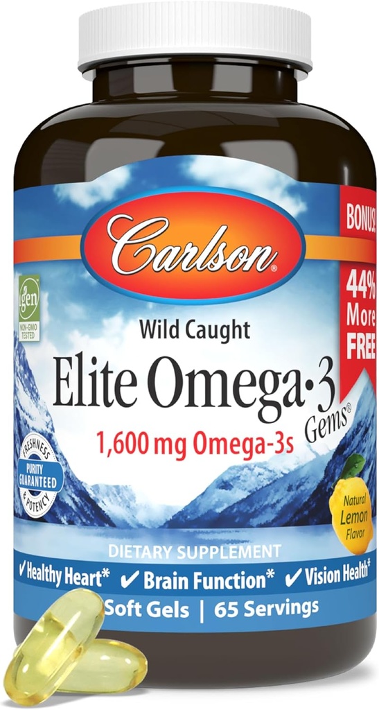 Carlson - Elite Omega-3 Gems, 1600 mg Omega-3 rasvhapped, sealhulgas EPA ja DHA, Norra, looduslikult püütud kalaõli lisand, jätkusuutlikult hangitud Omega 3 kalaõli kapslid, Sidrun, 130 Softgels