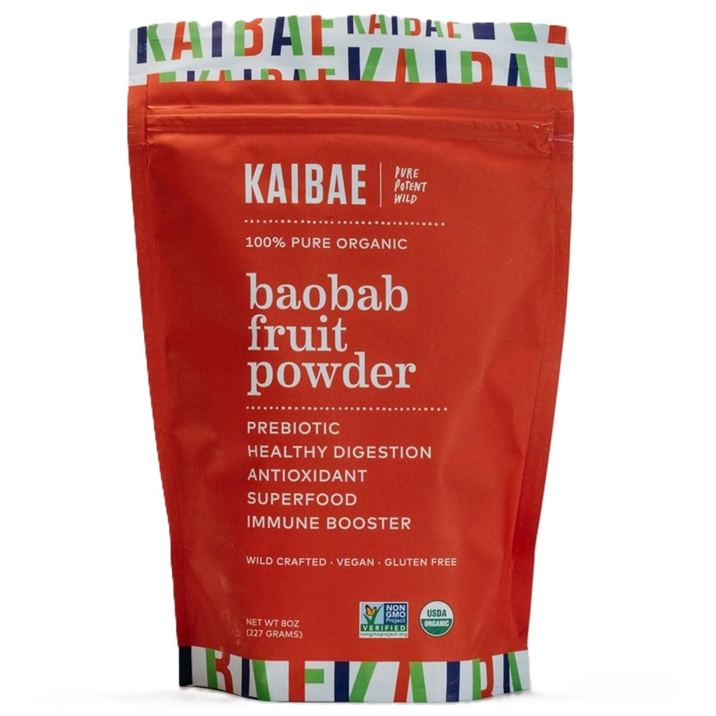 KAIBAE Premium Organic Baobabi pulber I Prebiootiline soolestik Tervis, vahelduv paastumine, immuunsus, hüdratsioon | C-vitamiin, polüfenoolid, mineraalid | kiudaine lisand | 8 oz.