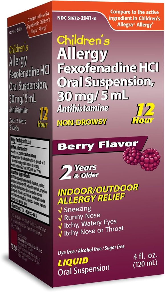 TARO Laste 12HR Allergia Relief Mitteuimane Antihistamiin Vedelik, Marjamaitse, Alkoholivaba, värvivaba ja suhkruvaba, Fexofenadiin HCl (4 oz)