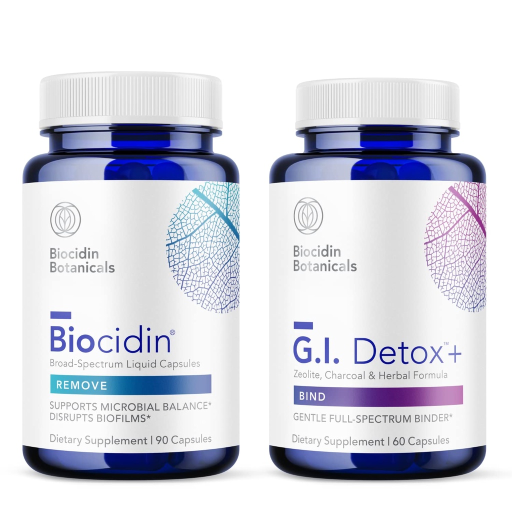 Biocidin Capules ja GI Detox + Binder Bundle - toetab Biofilmide lammutamist, tervislikku detoksifitseerimist ja kehalist puhastust botaanika, tseoliidi ja aktiveeritud söega
