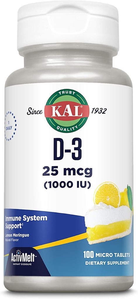 KAL Vitamiin D-3 1000 RÜ | Looduslik sidrunimaitse ActivMelt Mikrotabletid | Tervislik immuunfunktsioon & luude tugi | 100 ct