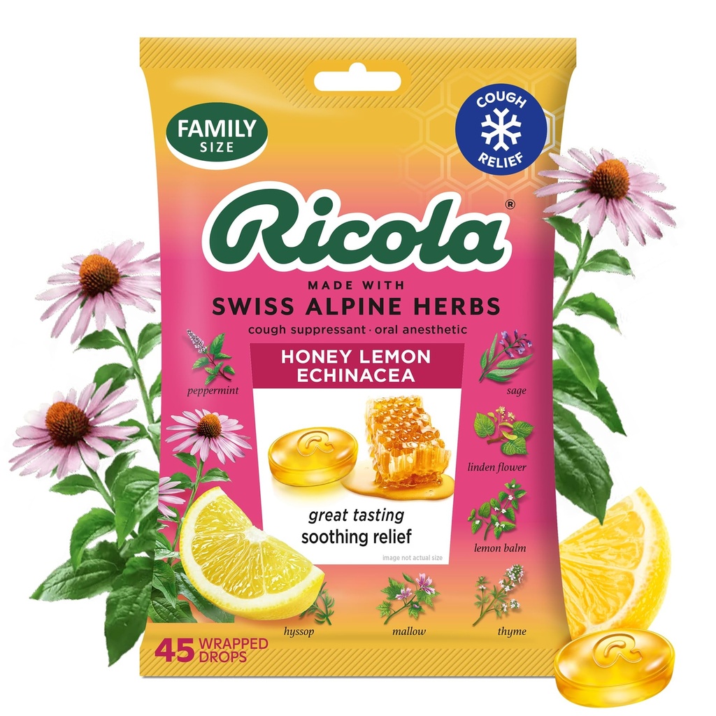Ricola Honey Sidrun koos Echinacea köha tilkadega, 45 krahv, maitsev kurgutõrje ja hooldus, suukaudne anesteetikum, looduslikult maitsestatud