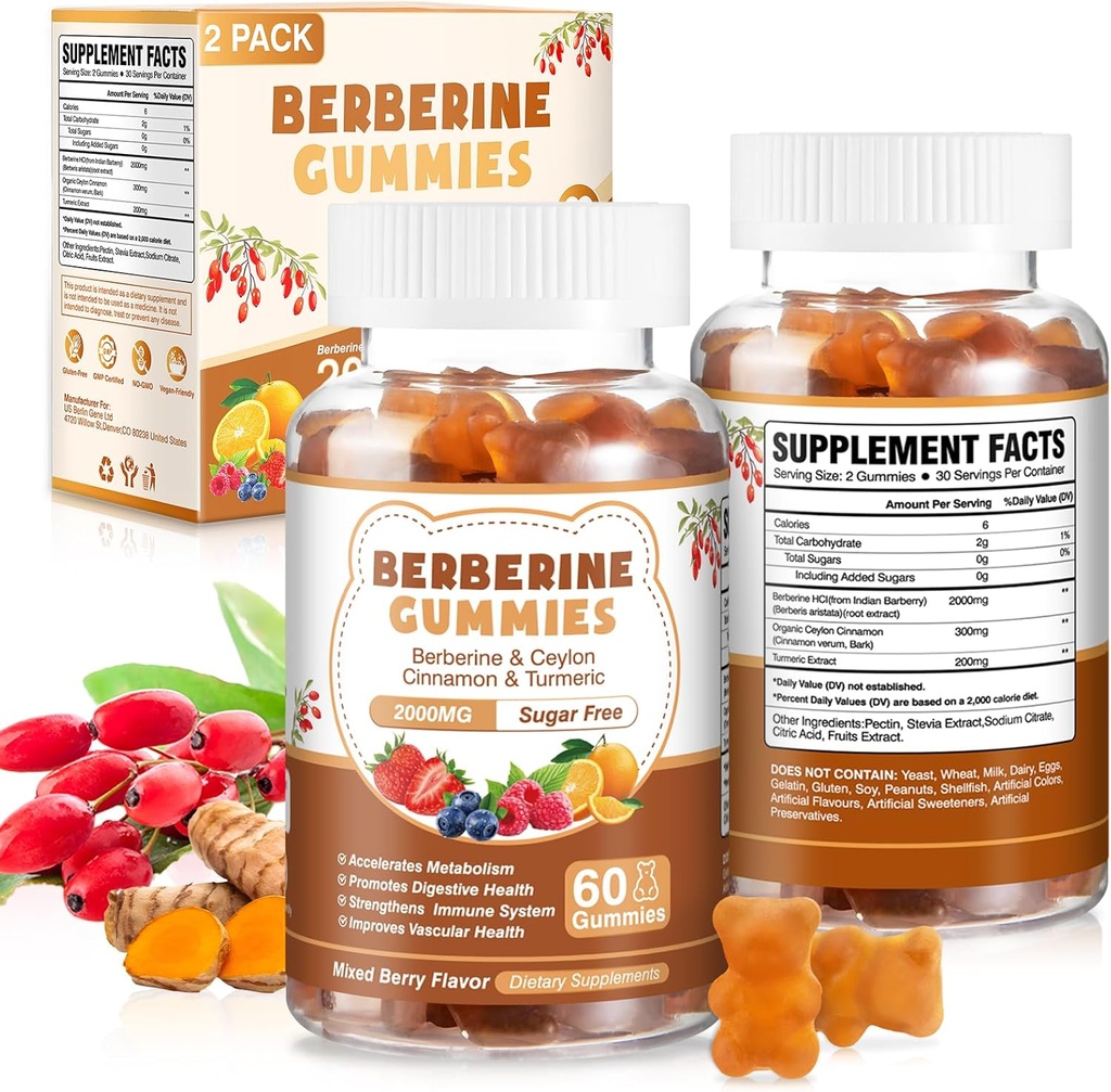 120 Count Berberine Extract Gummies 2000mg Natural Orgaaniline Berberine Extract HCI täiendus Ceylon Cinnamon Kurkum naistele Mehed toetavad seedetrakti immuunsüsteemi Metabolism Segatud marjamaitse