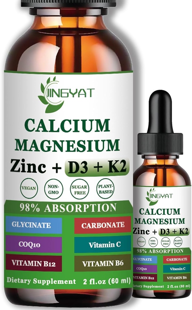 Kaltsium Magneesium Tsink Vedel tilgad, Vedel Magneesium Glütsinaat 500mg Kaltsium 1000mg vitamiin D3,K2,B6,B12,Coq10 luu tugevus, lihaste funktsioon,6X tugevam kui kummikapslid