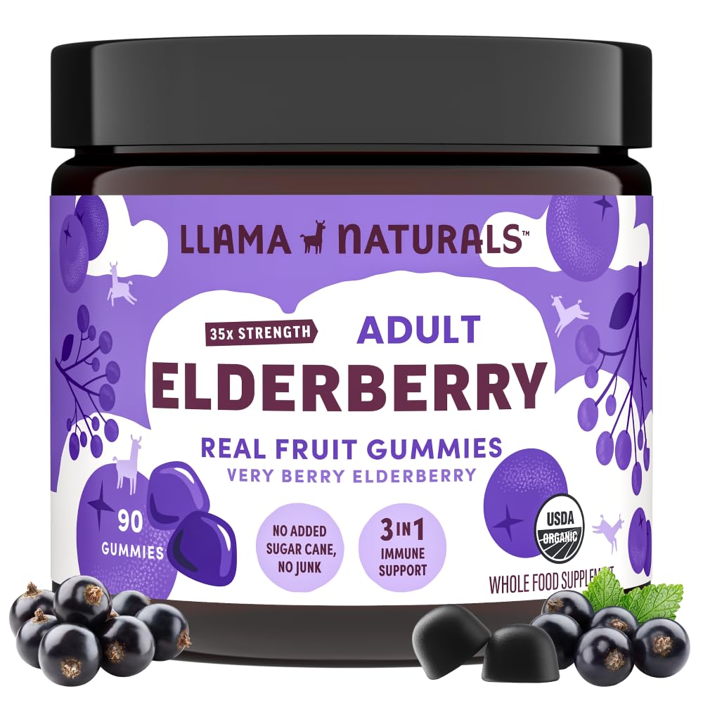 Llama Naturals Elderberry Gummies täiskasvanutele, Vegan, Orgaaniline immuunsuse tugilisand C-vitamiini ja tsinkiga, tõelised puuviljakummi vitamiinid immuunsuse jaoks, näritav, ilma lisatud suhkruroog, 90 Ct