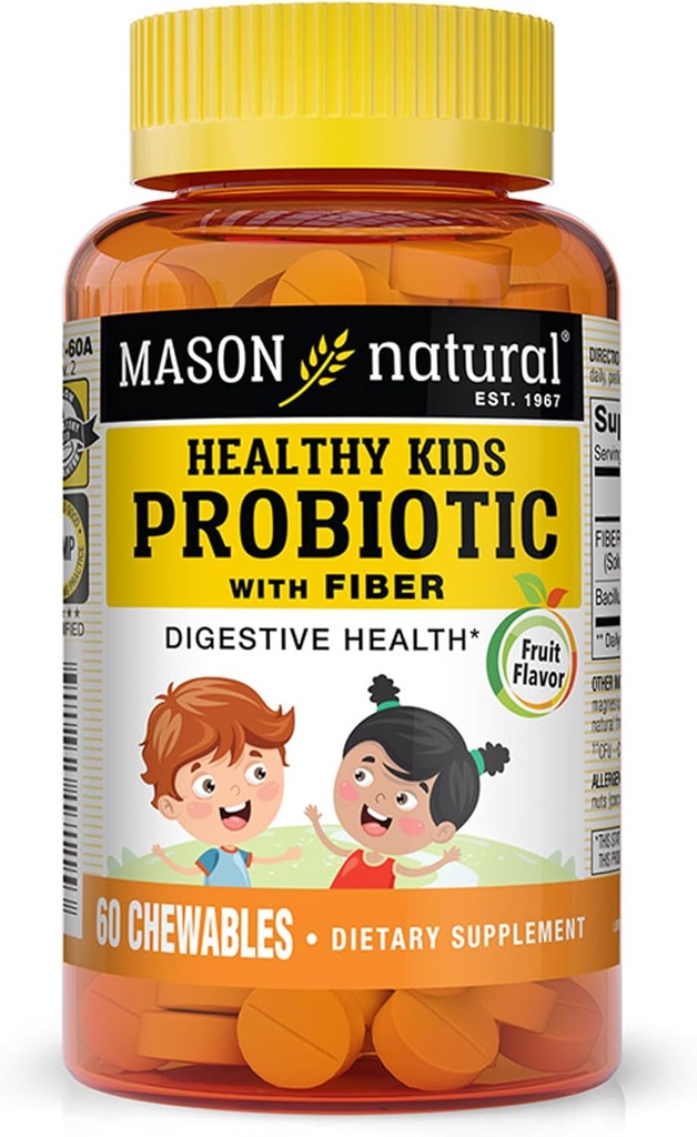 MASON NATURAL terved lapsed probiootikumid kiudainega - tervislik seedesüsteemi funktsioon, paranenud soolestiku tervis, 60 närimistabletti