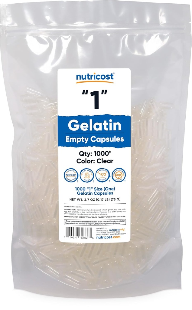 Nutricost Empty Capsules Gelatin Size 1-1000 Clear Empty '1' Gel Capsules - Kosher, Non-GMO, Soy Free, Gluten Free