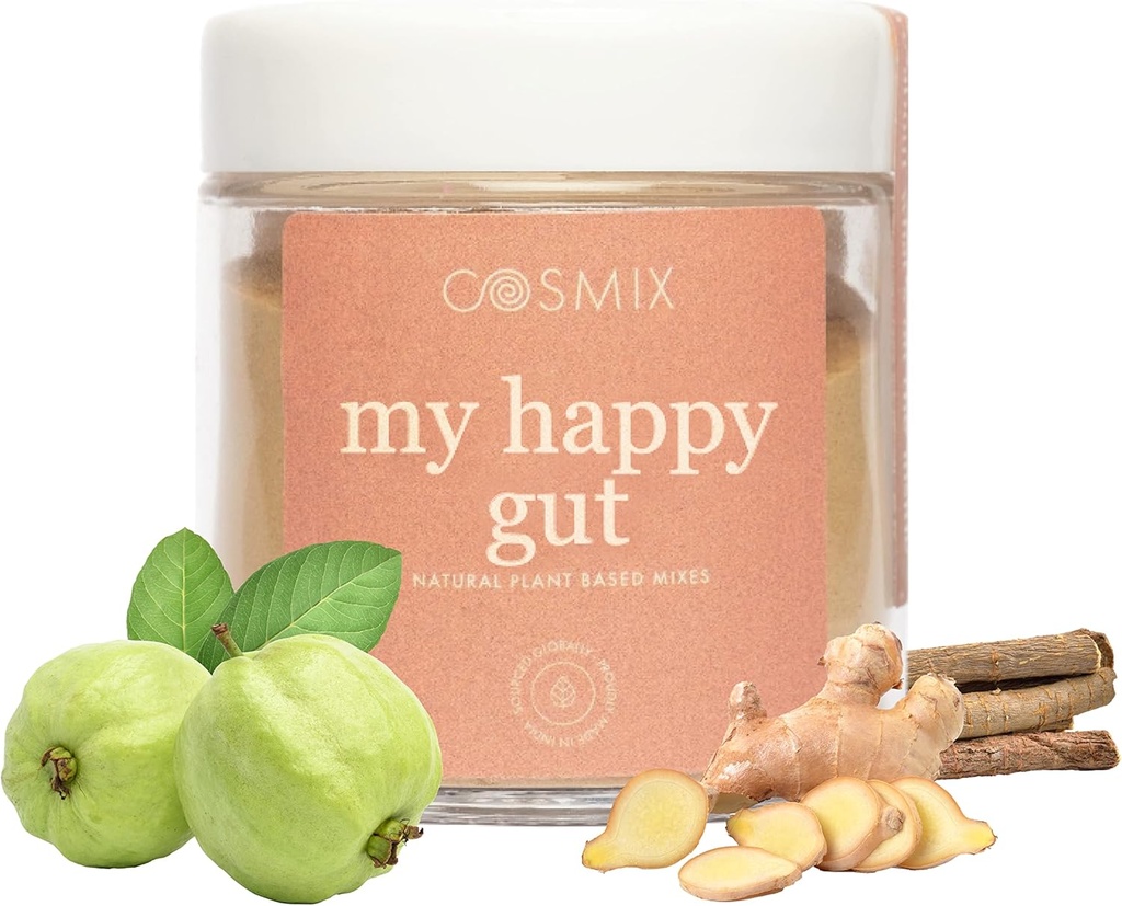 cosmix My Happy Gut, et parandada seedimist, puhumist ja üldist soolestiku tervist, looduslikku, taimepõhist supertoidusegu, teeb kuni 40 portsjonit, lisatud suhkrut, vegan 50 g (pakk 1) pruun