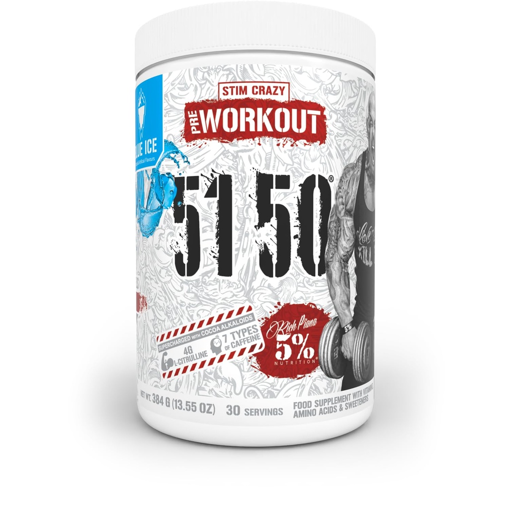 5% Toitumine Rikas Piana 5150 Kõrge Stim Pre-Workout Pulber | Extreme Energy, Focus, Pumps & Kestvus | 400 mg Kofeiin, tsitrulliin, Beeta-alaniin, N-atsetüül L-türosiin | 30 Srvgs (sinine jää)