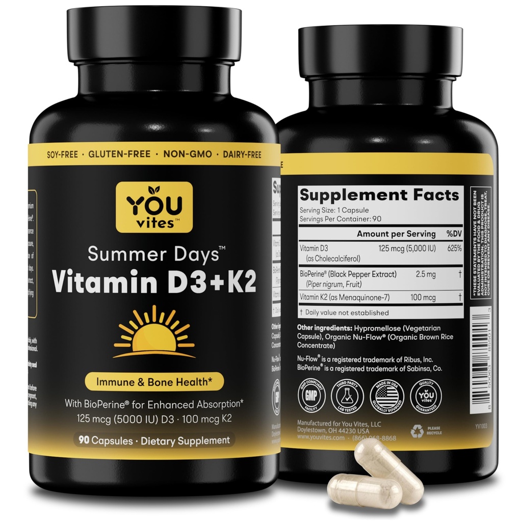 Vitamiin D3 + K2 - Maksimaalne imendumine, 5000 IU D3 & 100 mcg K2 MK-7 (Menakinoon-7) koos bioperiiniga - luu, südame ja immuunsuse tugi - mitte-GMO, gluteenivaba, sojavaba - 90 kapslit - igapäevane täiendus