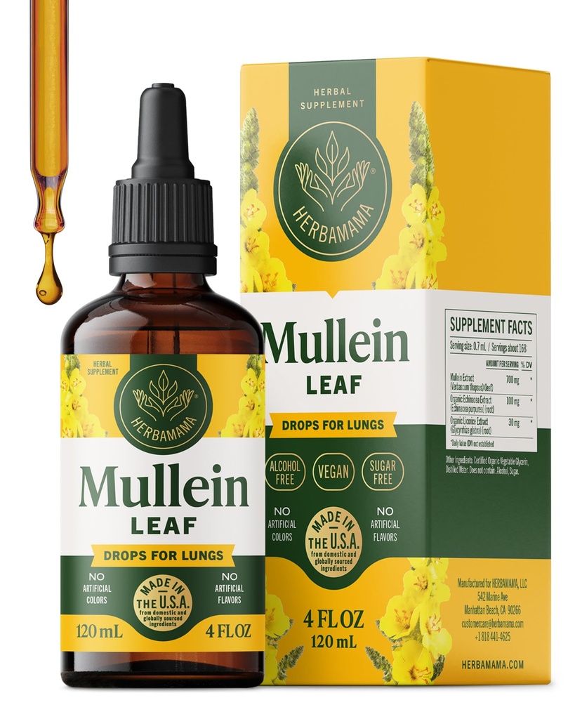 HERBAMAMA Mullein tilgad kopsudele - Vegan Lung Cleanse koos Mullein Leaf ekstrakti, Echinacea Tinktuura & Lagrits - Mitte-GMO, Alkoholi Ja Suhkruvaba Hingamisteede Abilisa - 56-päevane pakkumine