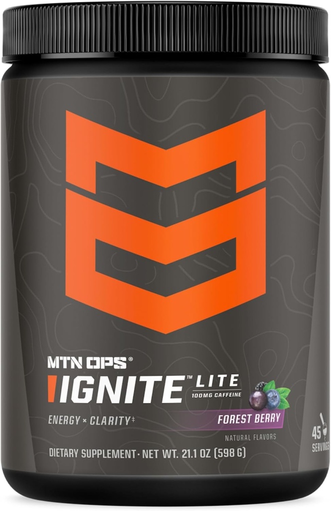 MTN OPS Ignite Lite Energiajook Pulber Gluteen Vaba lämmastikoksiidilisandi Joogisegu, L Arginiin, L tsitrulliin, Kofeiin ja Nootroopne Suhkruvaba Joogi Segu, 45 Servingut, Metsamarja