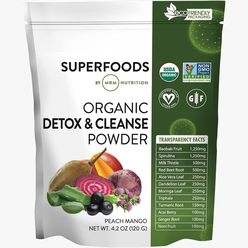 MRM Toitumine Orgaaniline Detox ja Puhasta Pulber | Virsikumango Maitsestatud | Õrn igapäevane Detox | Superfoods | Antioksüdandid + Klorofüll + Fükotsüaniin + Elektrolüüdid | 15 Servingut