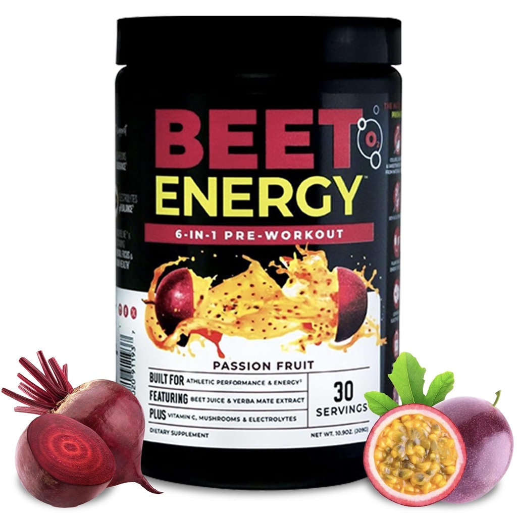 Nutroloogiapeedi energia O2, enne treeningut pulber, energia, vastupidavus ja lämmastikoksiidi võimendaja peedipulbriga, Yerba Mate, Adaptogens & Electrolytes, Vegan Pre Treening, Passion Fruit Flavor, 30 Servings