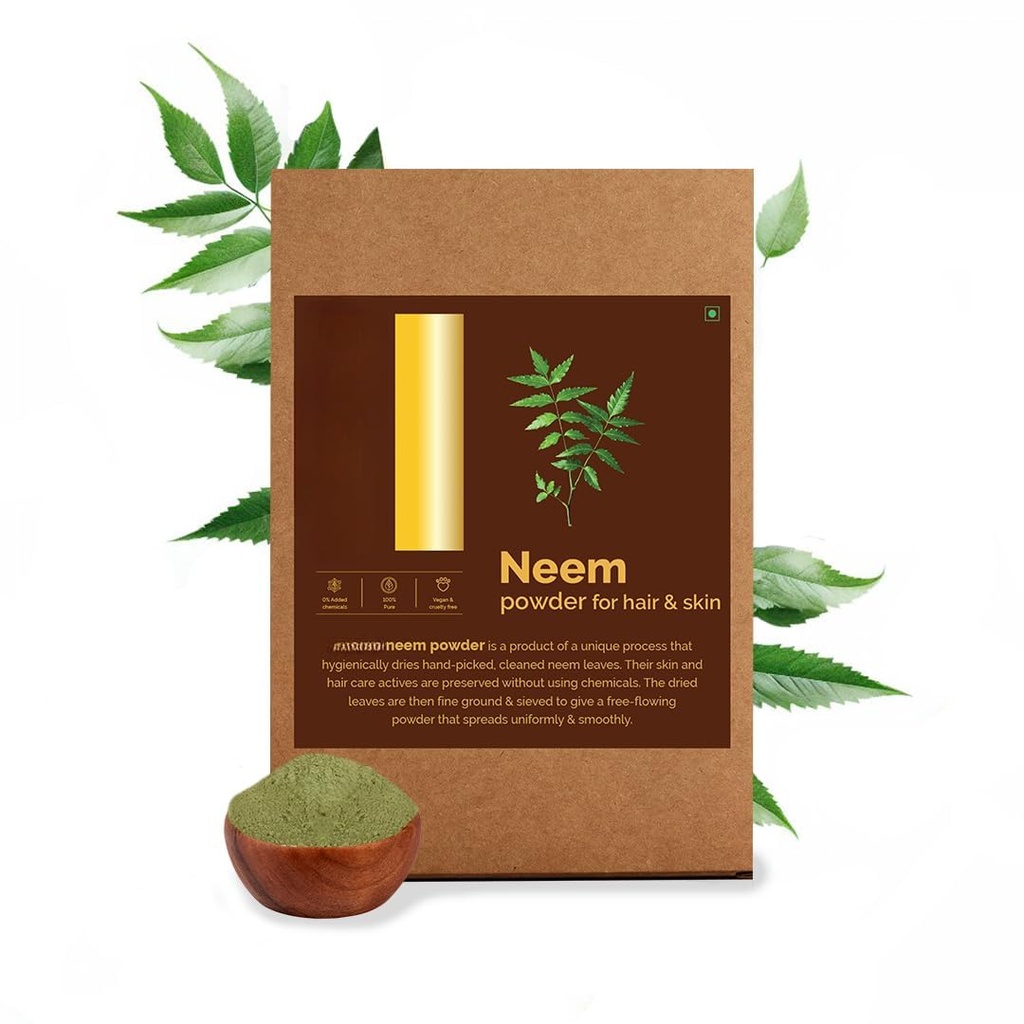 Neem Lehepulber, 100% puhas ja looduslik, hügieeniliselt kuivatatud, pakend tervisliku peanaha ja tugevate juuste jaoks - 100 grammi