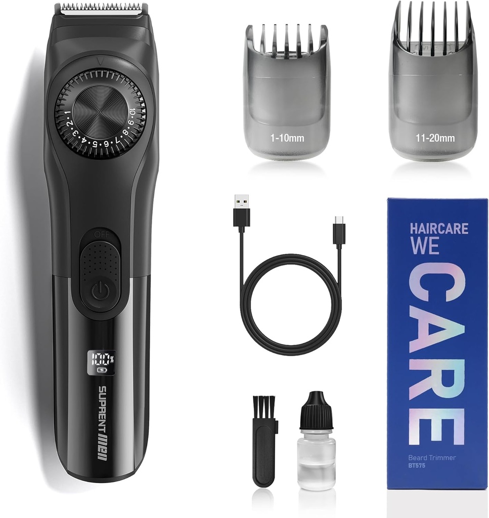 SUPRENT reguleeritav habeme trimmer meestele, juhtmeta elektrihabeme trimmer täppisdiagrammiga, USB-laetav 19 pikkusseadet Mustaši trimmer meeste kingitustele (must)
