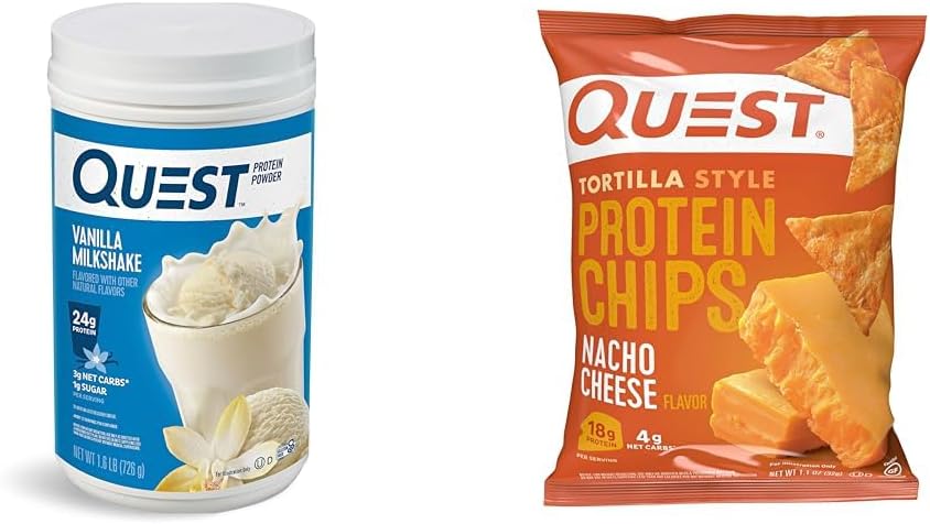 Quest Vanilla Piimakokteilivalgu pulber, 24 g valku, 1,6 lb + Quest Nacho juustu Tortilla stiilis valgukiibid, 18 g valku 12 pakendis