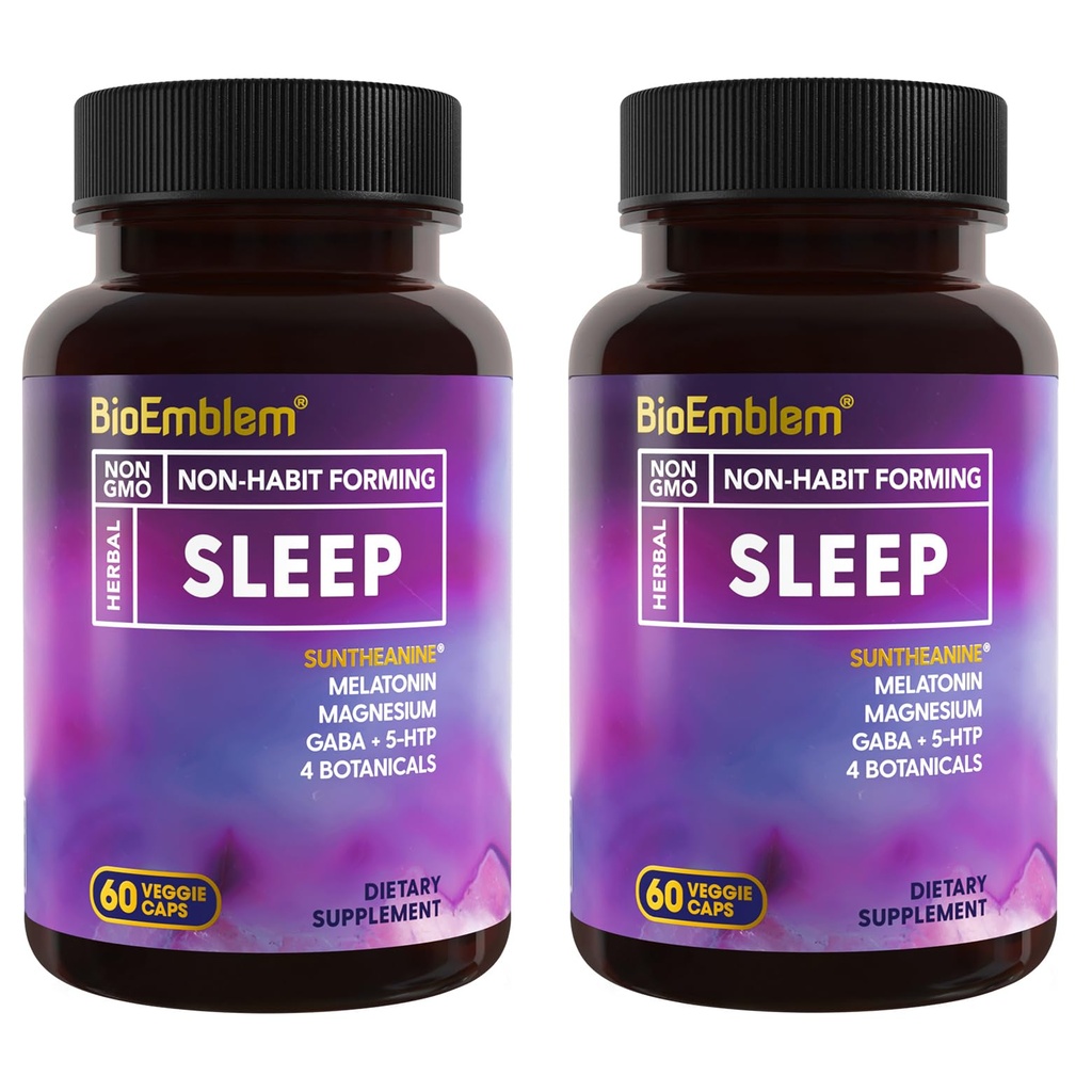 BioEmblem Natural Sleep Aid täiskasvanutele Melatoniini, Valerian Juur, Suntheanine & More | Tervisliku une täiendus | Taimsed magamispillid | 60 kapslit, 2 pakendit