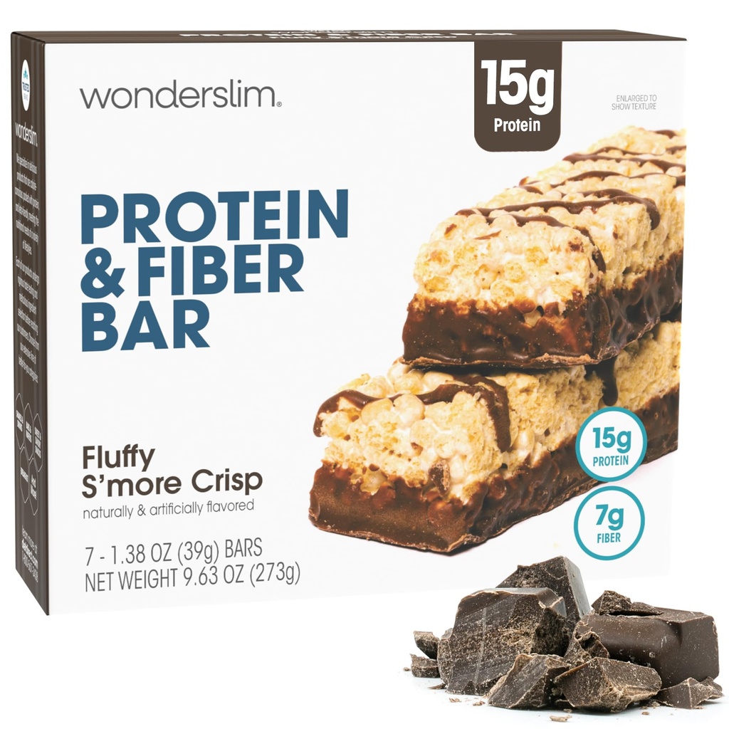 Wonderslim High Fiber Protein Bars, Fluffy S'more Crisp | 15g valk, 8g Fiber | Madal suhkur, Madal Carb | Tervislik järeleandlikkus | Rahuldav, Toetab Energiat Ja On-the-Go Convenience, 7 Pack