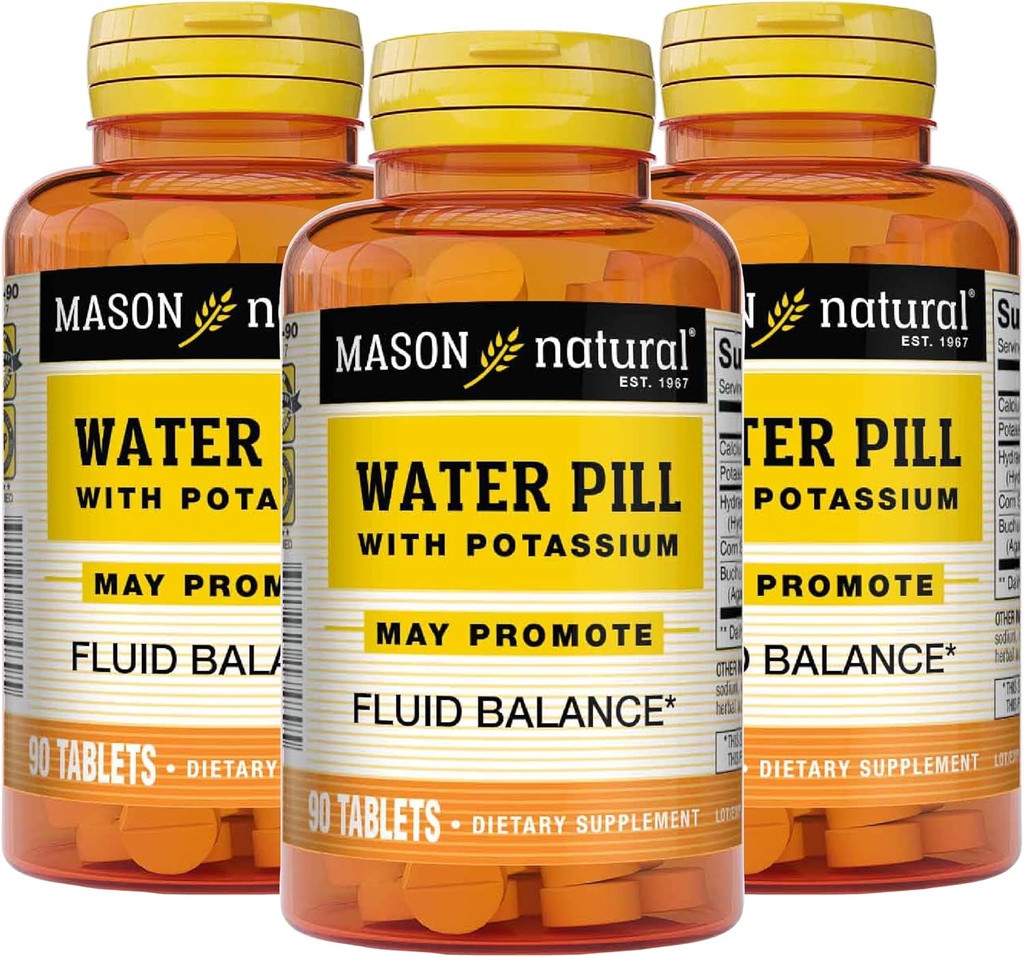 Mason Natural Water Pill koos kaaliumi ja kaltsiumi - toetab vedeliku tasakaalu, aitab leevendada puhumine ja turse, looduslik diureetiline täiendus, 90 tabletti (3. pakk)
