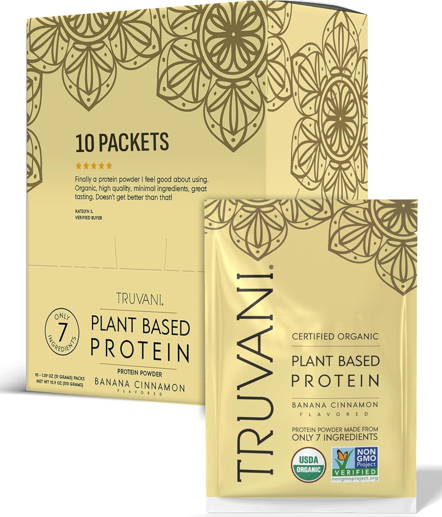 Truvani Vegan Peavalgupulber | Banaanikaneel | 20g Orgaaniline Taimne Valk | Ühe serveeritavad reisipaketid | 10 Servingut | Keto | Gluteeni- ja piimavaba | Madala süsivesikusisaldusega | Suhkrulisandita
