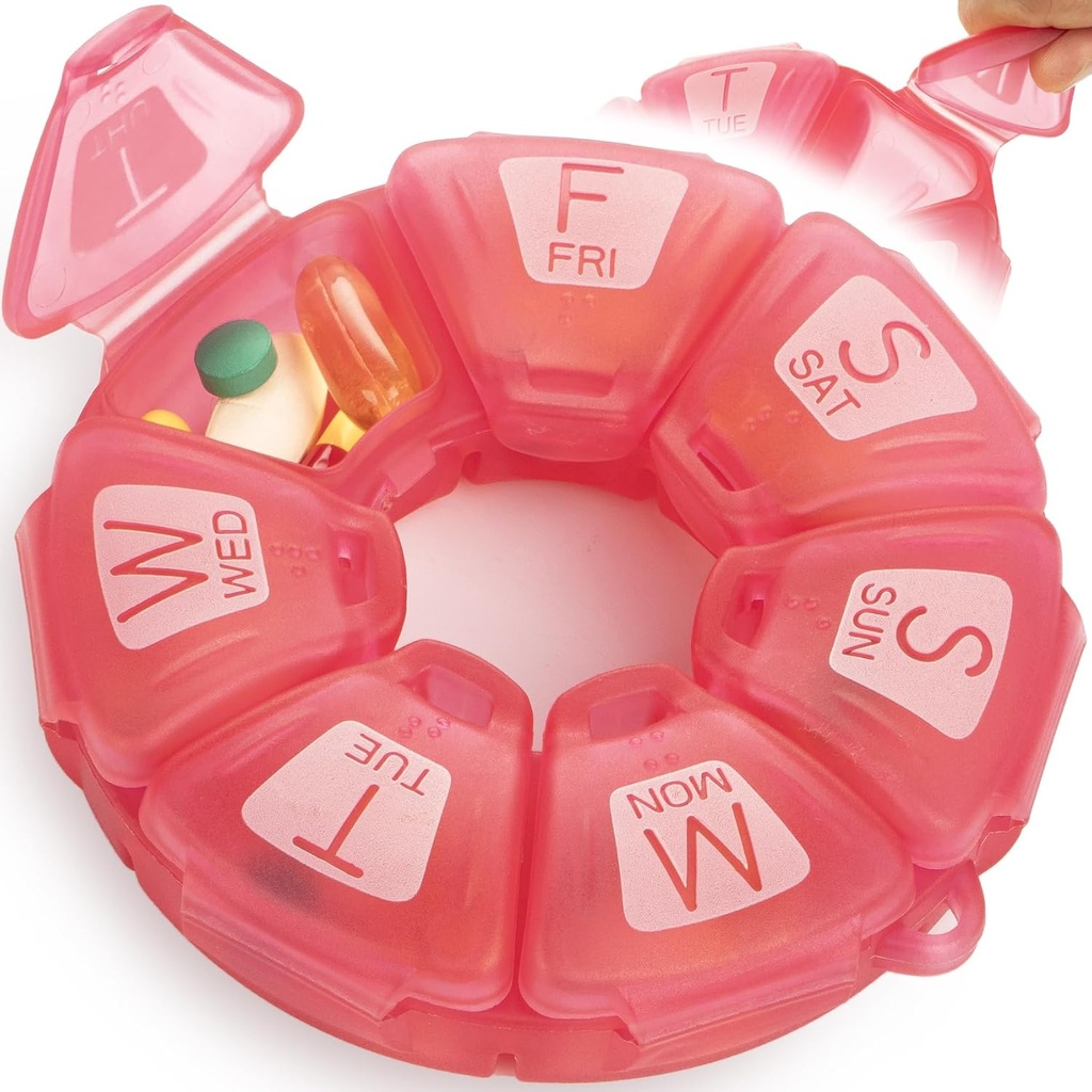 Round Weekly Pill Organizer, TPU Rubberized, Travel Pill Container 7 päeva, 7 suurt komponenti, suurepärane igapäevaste vitamiinide ja toidulisandite, Cute Pill Case suurte kirjade ja Braille (Rose)