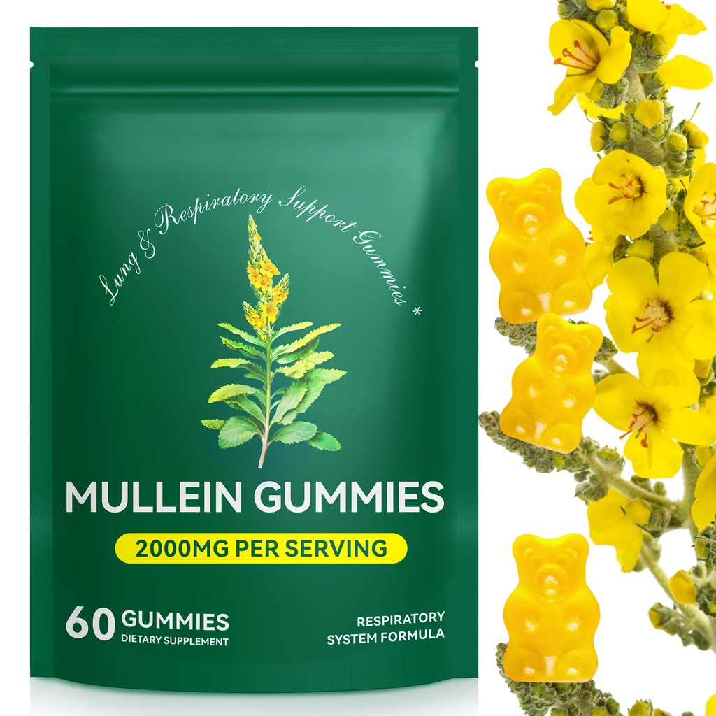 Mullein Gummies for Lung Detox, 2000mg Mullein Leaf Extract for Respiratory & Digestive & Immune Support, Organic Mullein Herb Supplement for Licus Relief for Respiratory, Immune, Vegan 60 Gummies