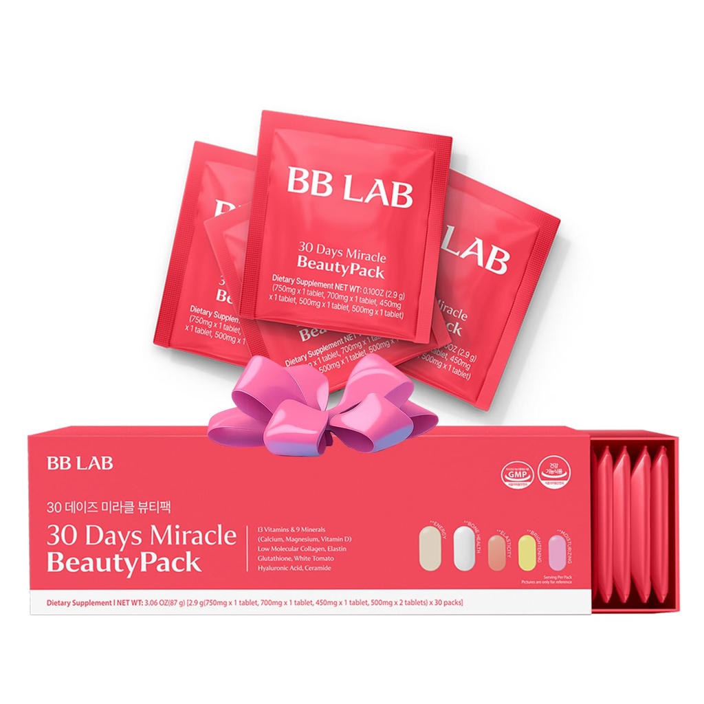 BB LAB 30 päeva Ime ilu Kõik-ühes pakend, madala molekuli kollageen, elastiin, glutamiin, seramiid, hüaluroonhape, multivitamiinid ja mineraalid, kaltsium, magneesium, D-vitamiin