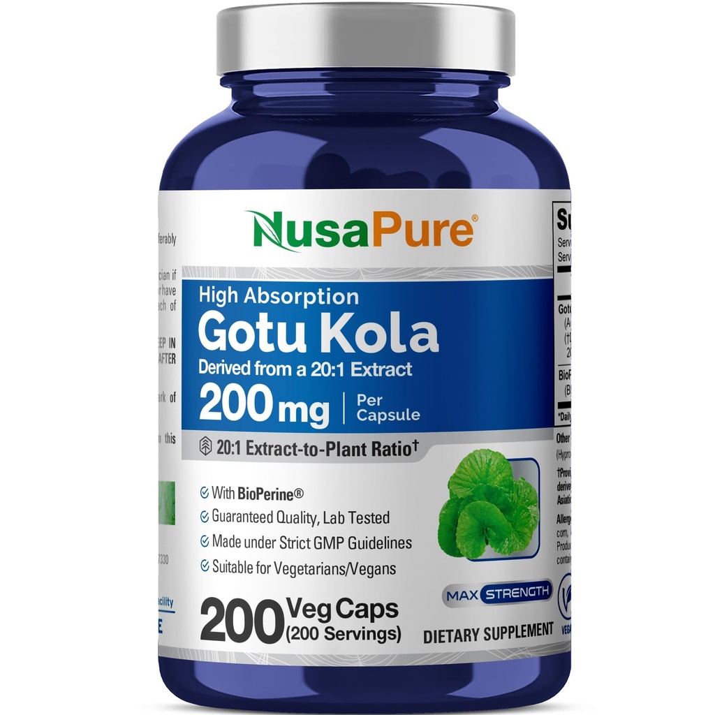 NusaPure Gotu Kola kapslid 20: 1 Ekstrakt, 200 mg, mis vastab 4000mg per Veggie Caps, 200 Count, Non-GMO, Vegan, Bioperine - Traditsiooniline ürdiekstrakt