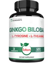 1000mg Ginkgo Biloba täiendused L-türosiini, L-Theanine - 120 kapslit 2-kuulise pakkumise jaoks - tugifookus, mälufunktsioon, aju tervis ja nägemise kvaliteet