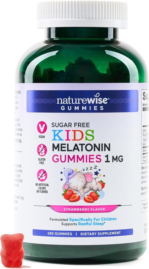 NatureWise Kids Melatoniin 1 mg suhkruvabad kummikud 4-aastastele ja vanematele lastele - harjumusteta moodustav uneabi - maasikamaitseline - vegan, gluteen, mitte-GMO - 180 loend[6 kuu pakkumine]