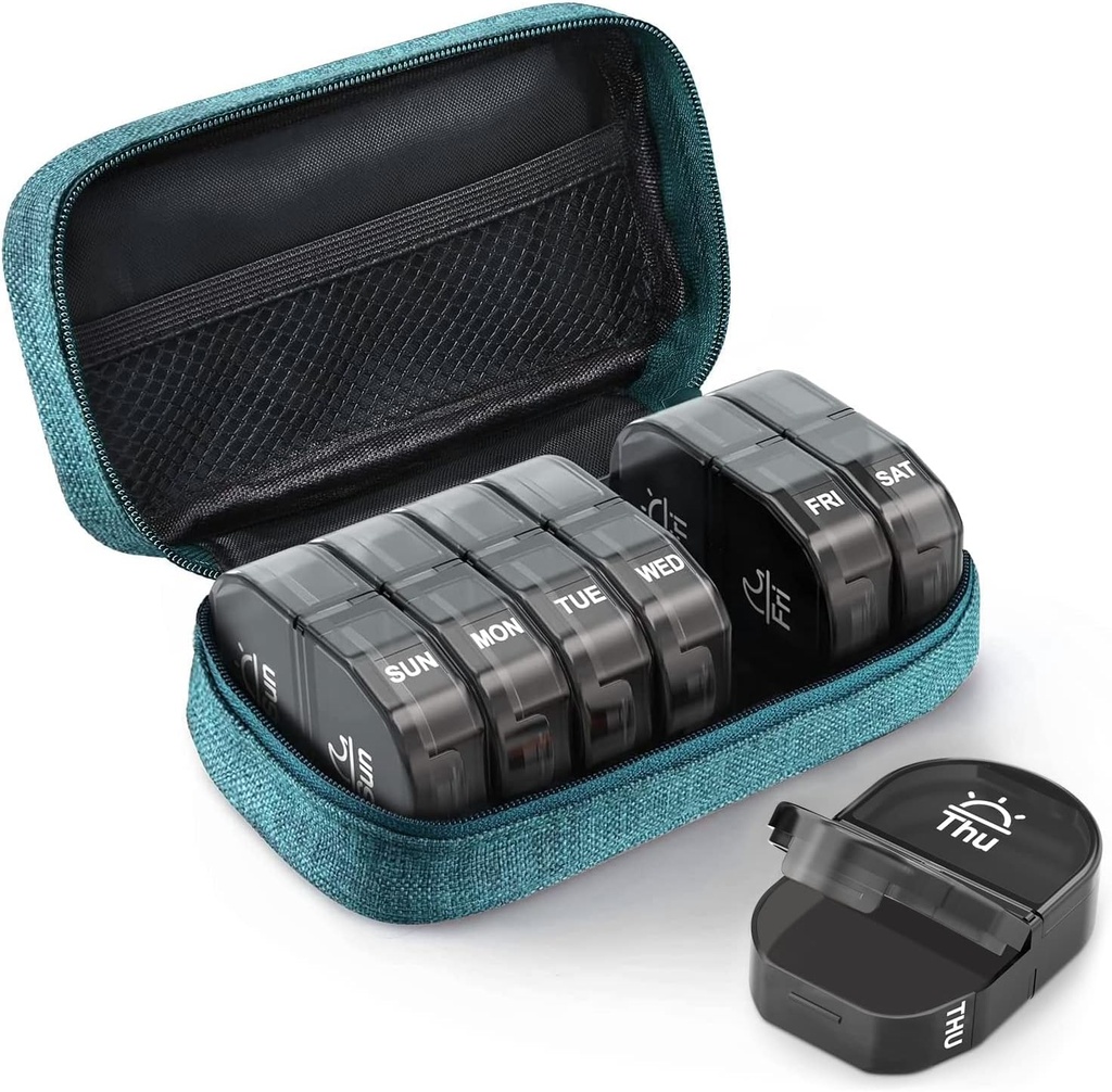 AUVON Canvas Bag Travel Pill Korraldaja 2 korda päevas, Suur AM / PM Iganädalane Pill Box 7 päeva Pill Case kaasaskantav Cyan Zipper Cloth kott hoidmiseks toidulisandeid, vitamiine ja kalaõli