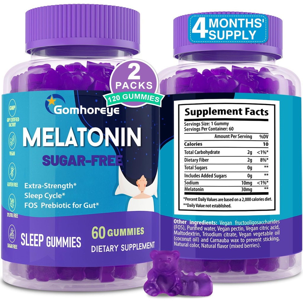 Melatoniini kummid 30 mg täiskasvanutele - maksimaalne tugevus Melatoniini kummid lõõgastamiseks ja rahustamiseks, eksogeenne melatoniini lisand koos FOS-iga immuunsuse, soolestiku tervise ja pH tasakaalu jaoks, suhkruvaba -120 loendit