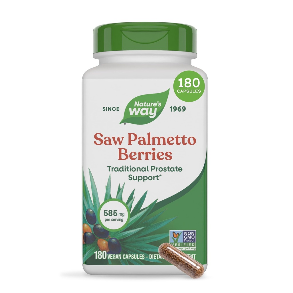 Nature's Way Saw Palmetto marjad, traditsiooniline eesnäärme tugi *, 585 mg portsjoni kohta, mitte-GMO projekt kontrollitud, Vegan, 180 kapslit