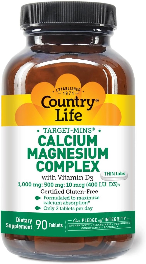 Country Life Target-Mins Calcium Magnesium with Vitamin D-Complex, 1000mg/500mg/10mcg, 90 Tablets, Certified Gluten Free, Certified Vegetarian