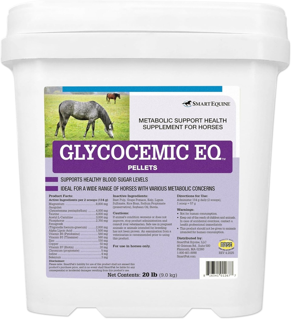 Glükotseemiline EQ Pellets | Hobuste ainevahetuse tugi | kilpnäärme funktsiooni ja tervisliku kehakaalu toetamiseks | Tauriin, Jiaogulan ja rohkem | 20 naela Bucket