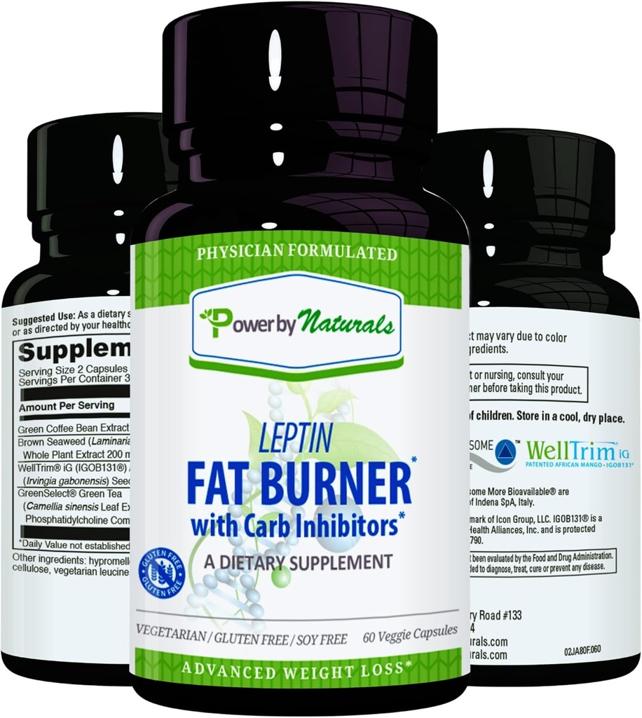 Power by Naturals: Leptin Fat Burner Carb Blocker - 60 gluteenivabad kapslid, Leptin kaalulangus dieedi tabletid, tõhus rasvapõletaja, isu vähendav