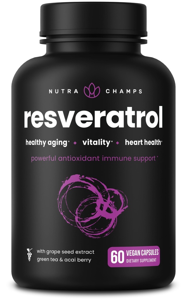 NutraChamps Resveratrooli lisand, ekstra tugevuse valem tervislikuks vananemiseks, immuuntoetus, 60 Vegankapslit Trans-Resveratrooliga, roheline teeleht, Acai marja ja viinamarjaseemne ekstrakt