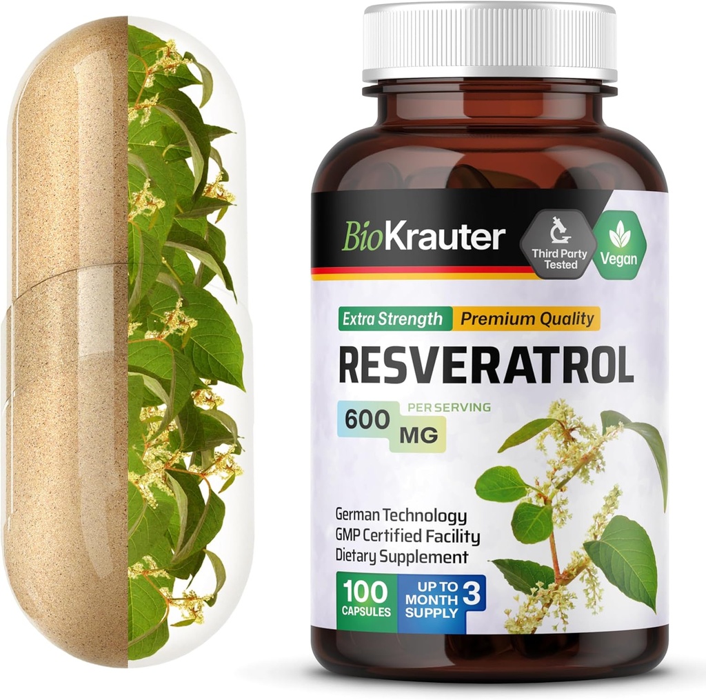 BIO KRAUTER Resveratroolilisandi kapslid 600 mg - 100 loend - looduslik antioksüdantallikas - 98% puhas trans- resveratrooli pulber - vegan