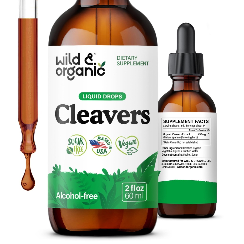 Wild & Organic Cleavers Tinktuur - Natural Detox tilgad Cleavers Leaf - Galium Aparine Herb Extract Supplement - Vegan, suhkur & Alkoholivaba - 2 fl oz