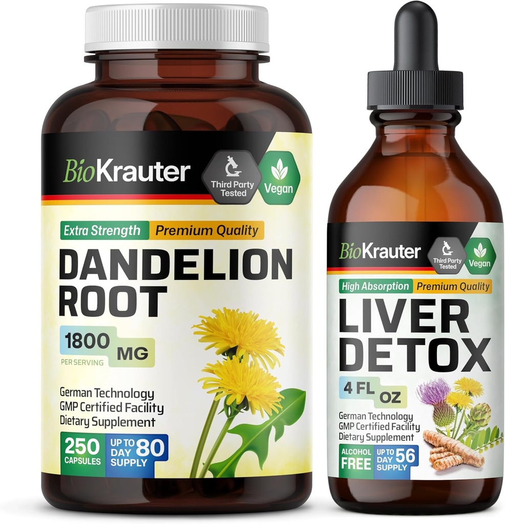 BIO KRAUTER Dandelion Juur 250 Kapslid & Maksatoetus Tinktuur 4 Fl. Oz