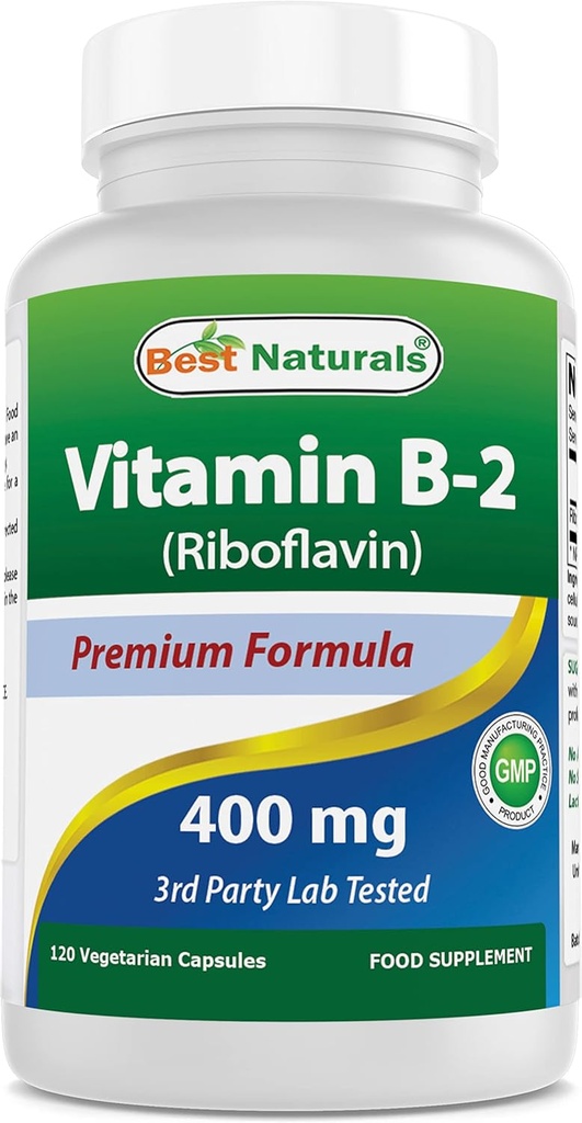 Parimad looduslikud vitamiinid B2 (Riboflaviin) 400mg - migreeni leevendamine - köögiviljakapslid - Conezyme Precursor - 120 Count