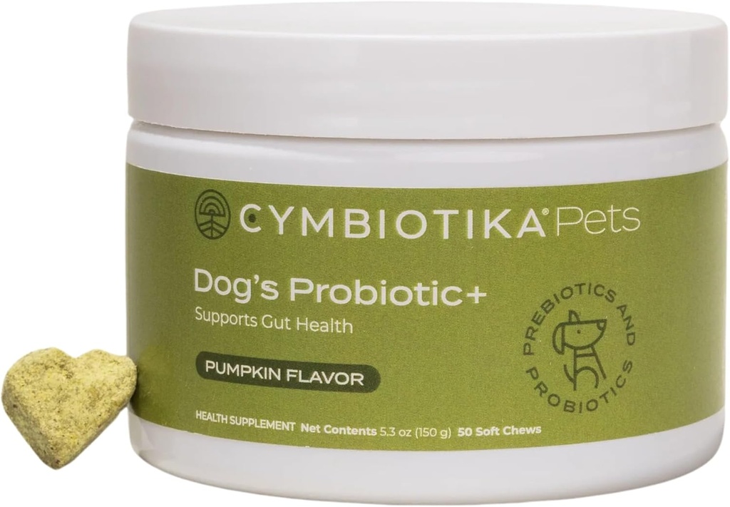 CYMBIOTIKA Dog probiootikumid +, probiootikumid koertele, soolestiku tervise ja immuunsuse tugilisa koos seedeensüümi ja rohelise seguga, prebiootikumid, postbiootikumid, koerte toidulisandid, kõrvitsamaitse, 50 närimist