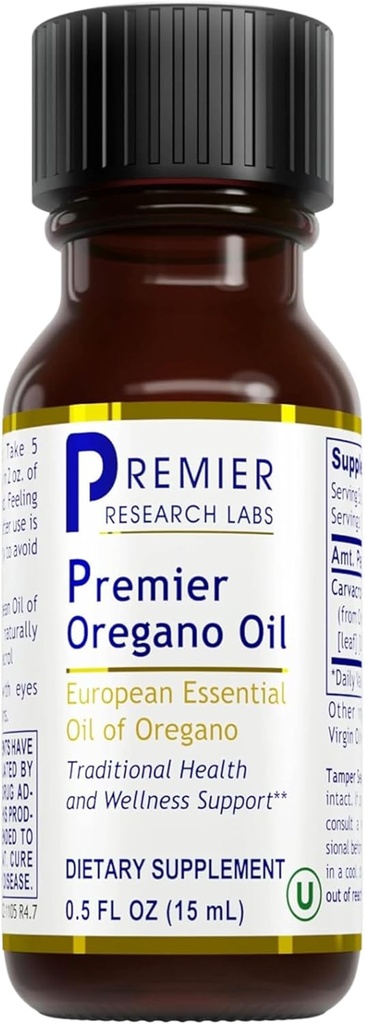 Premier Research Labs Premier Oregano Oil - Oregano õli tilgad karvakrooliga, söödav Oregano eeterlik õlilisand immuunsuse ja soolestiku tervise jaoks - 0,5 Fl Oz