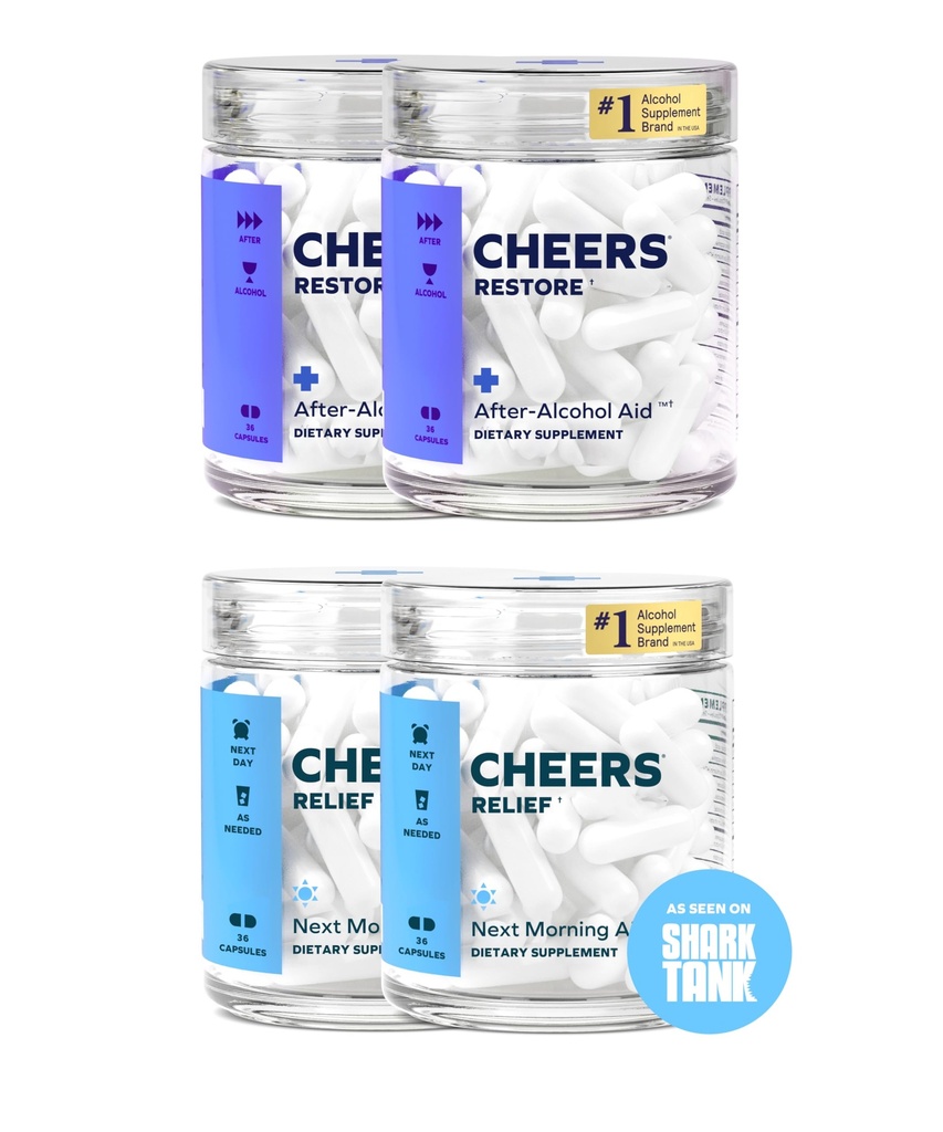 Cheers R & R Combo | Restore + Relief | Tunne end pärast joomist paremini ja toeta oma maksa | DHM, L-tsüsteiin, piimaohakas, ingver, valge pajukoor, kofeiin, L-Theanine | 24 annust Iga | toidulisand