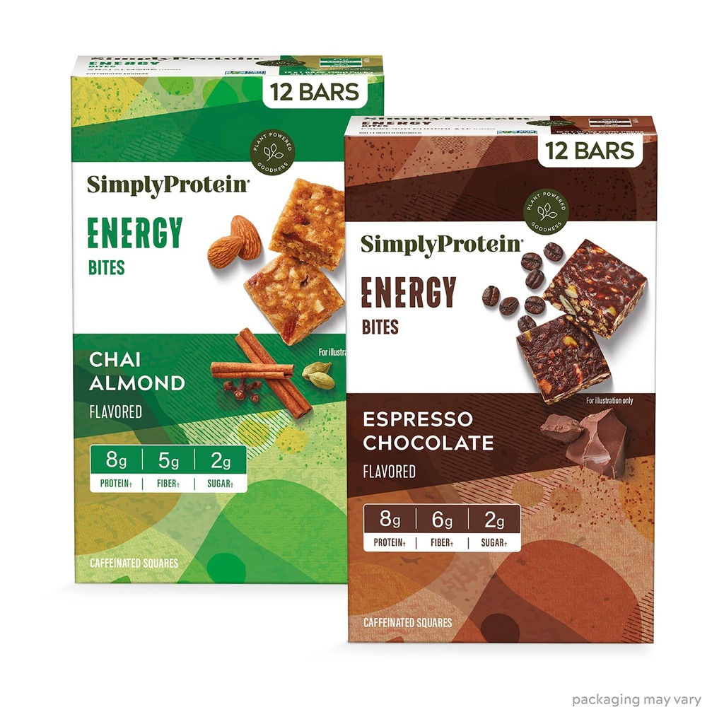 Lihtsalt valk - energia Bites Variety Pack, 24 baari - taimepõhine kofeiiniga väljakud - 55mg kofeiini - energia Boost - 8g valku, 2g suhkrut, 5-6g kiudaineid, 120-130 kalorit - Vegan, Gluteenivaba, Non GMO
