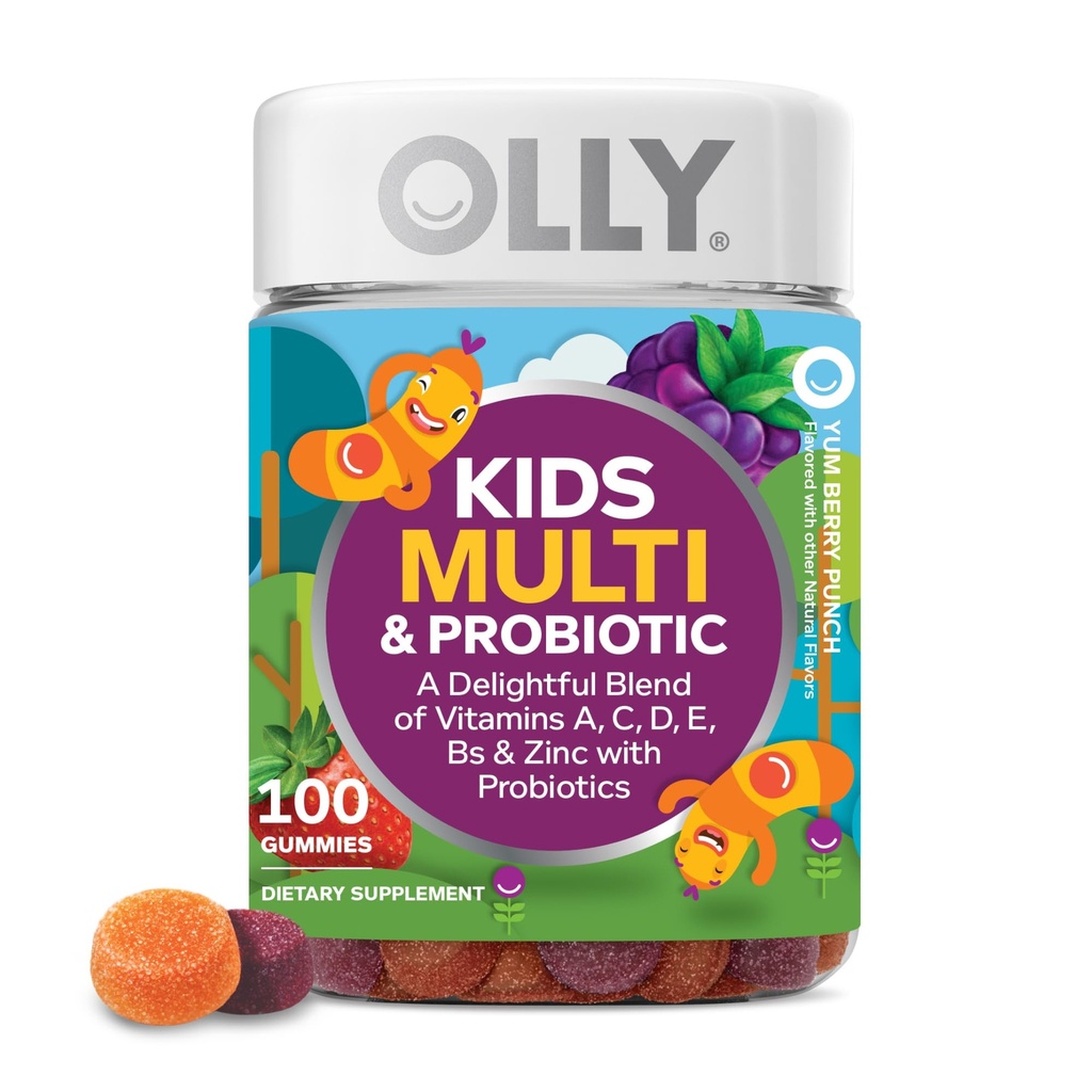OLLY Kids Multivitamiinid ja probiootiline nämmy, seedetrakti tugi, vitamiinid A, D, C, E, B, tsink, närimislisand, marjamaitseline, 50 päeva pakkumine - 100 loend