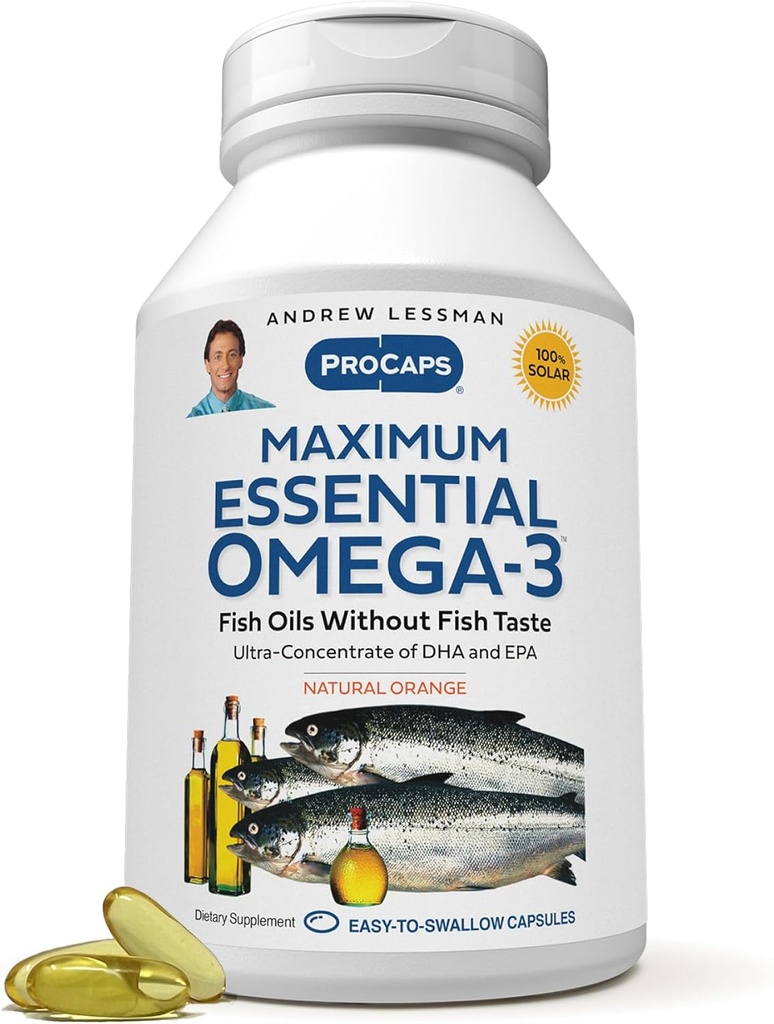 ANDREW LESSMAN Maximum Essential Omega-3 Orange - 360 Softgels - Ultra-Pure, High Potency Omega-3 Oils. Kõrge DHA, ei mingit kõhuhäda, ei mingeid saasteaineid, ei elavhõbedat. Väikesed kergesti neelatavad pehmed sohvad